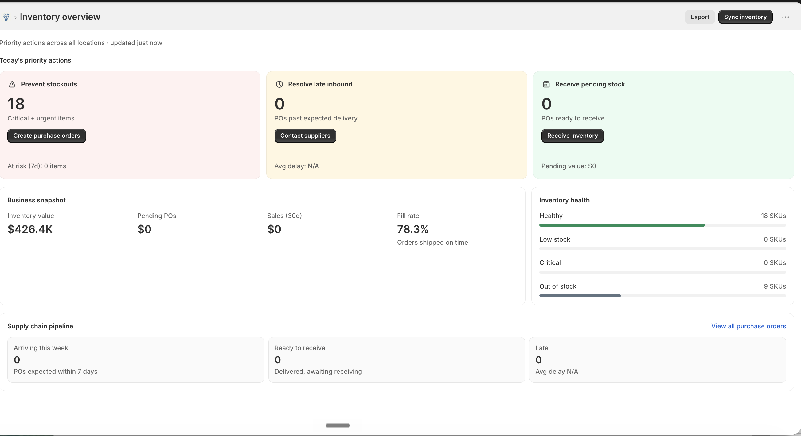 Inventory Genius dashboard inside Shopify Admin